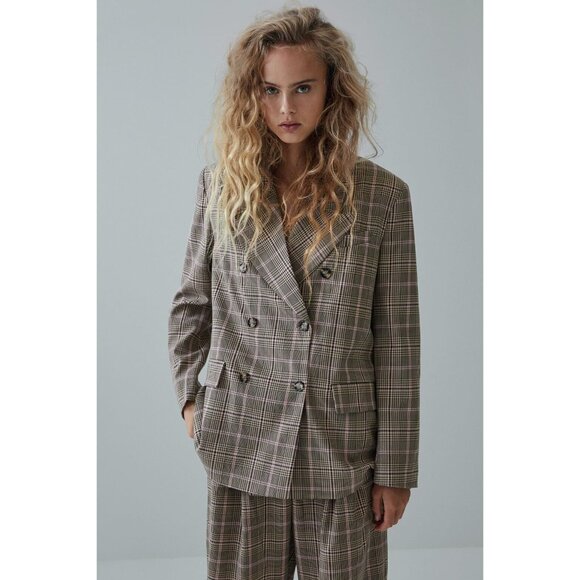 ZARA Brown Pink Check Double Breasted Oversized Blazer Suit Jacket, Size M - Picture 13 of 16